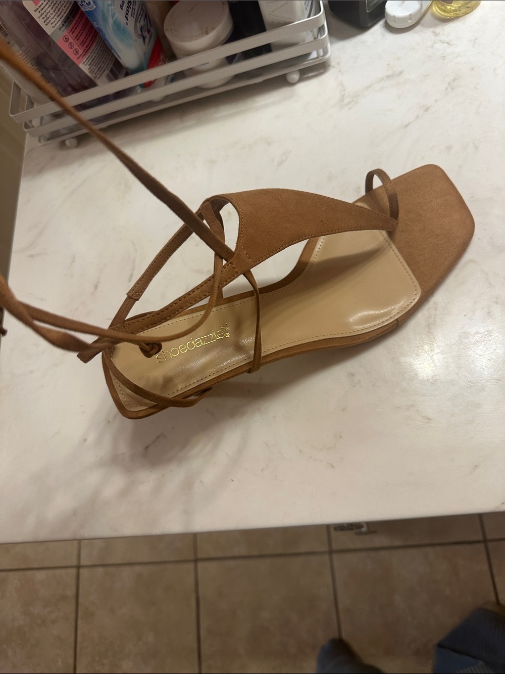 Suede Lace-Up Square Toe Sandal in Tan